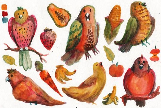 painting of vegetables and lovebirds who looks like them: strawberry, papaya, corn, carrot, banana and apple