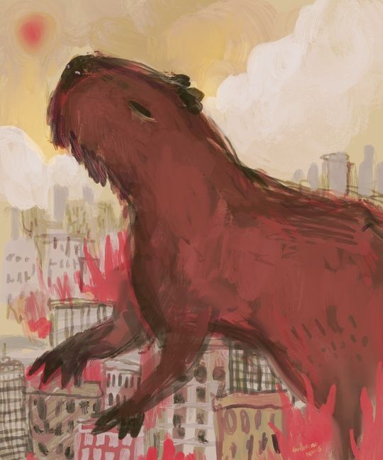 painting of a kaiju capybara destroying a city