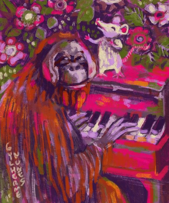 painting of a pianist orangutan and a singing rat on top of a pink piano in a blooming forest