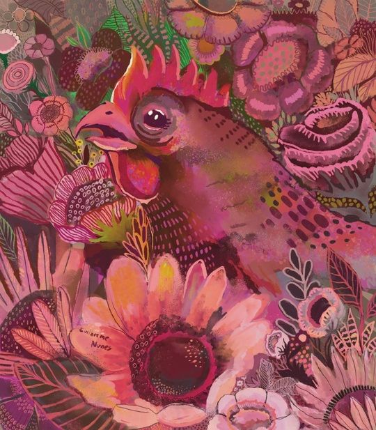 painting of a hen with a dreamy expression in the middle of lots of flowers