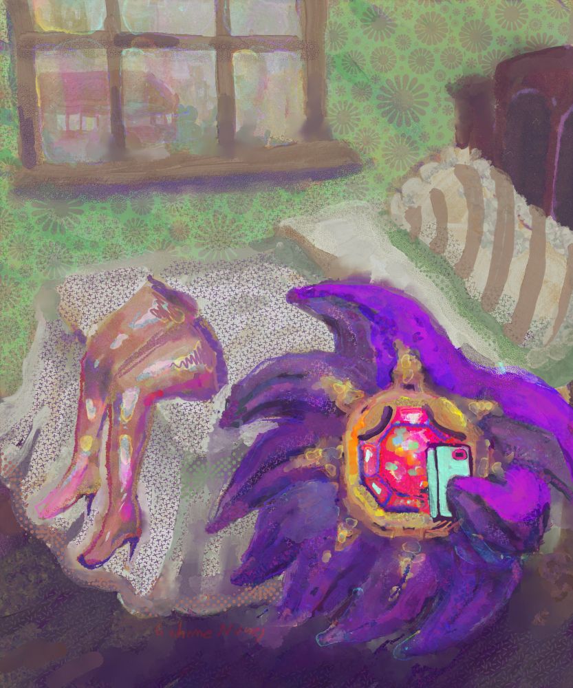 painting of the pokemon starmie which is a starfish reading comments on her cell phone in her room