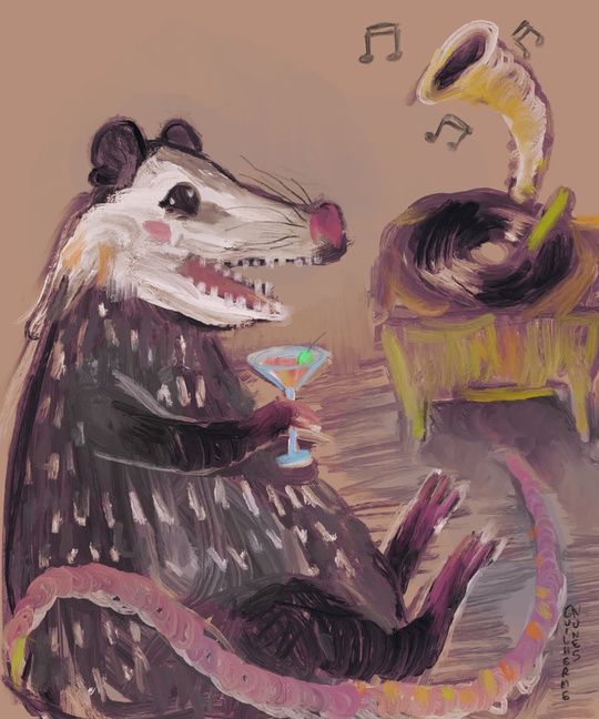 painting of a possum drinking a martini and listening to music on a record player