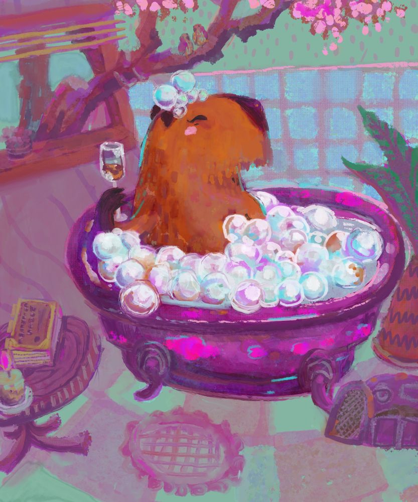 pintura de uma capybara tomando um banho de espuma tomando champanhe em um banheiro com decoração bem camp e uma arvore de cerejeira vem de dentro da janela com passarinhos 
