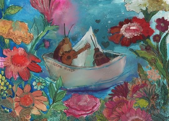painting of two cockroaches on a paper boat on the river, one of them is playing the guitar. flowers around the scene like a frame