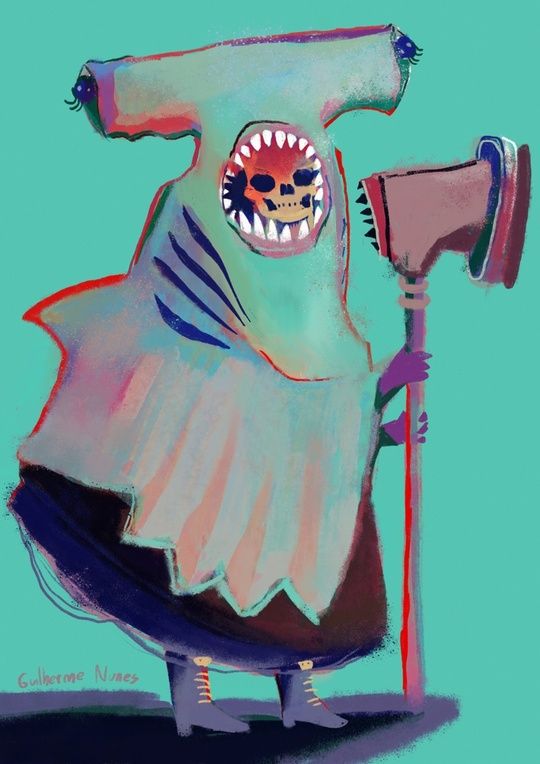 painting of a skeleton dressing a hammer shark costume holding a hammer