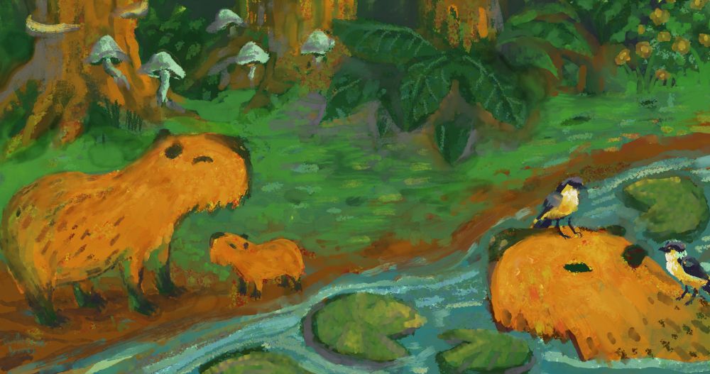 Painting of a river where a capybara swims with two birds on top of it, lilies, another large capybara and a baby capybara on the riverbank, and trees with mushrooms growing behind them.