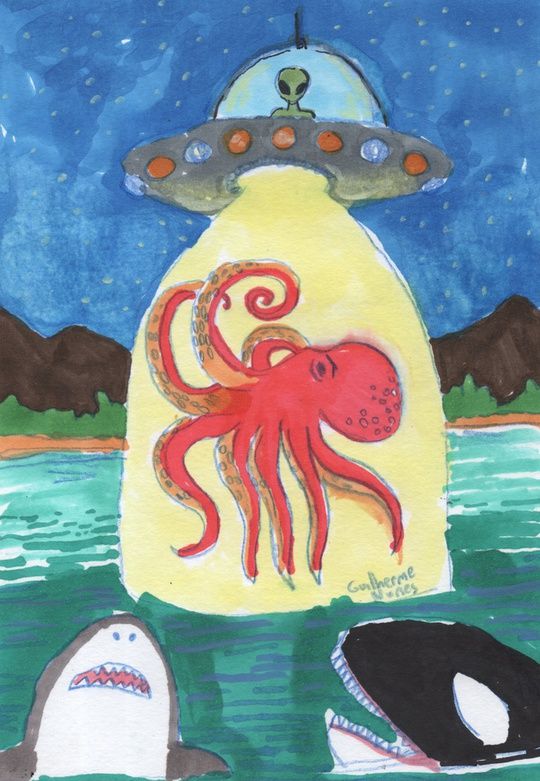 painting of an octopus being abducted by an alien ship, a shark and an orca look on in shock