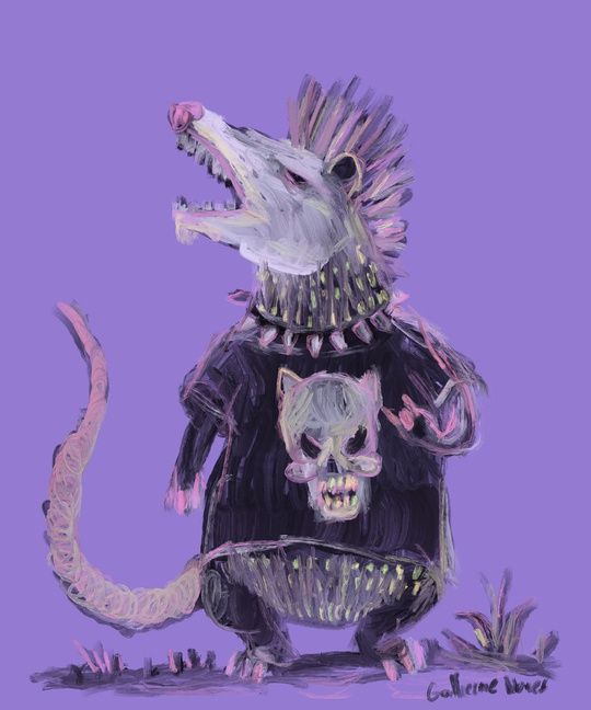 painting of a possum with mohawk hair, wearing a skull t-shirt and making the horn symbol with his hands 