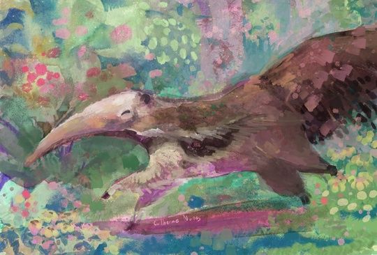 painting of a giant anteater running in a floral forest