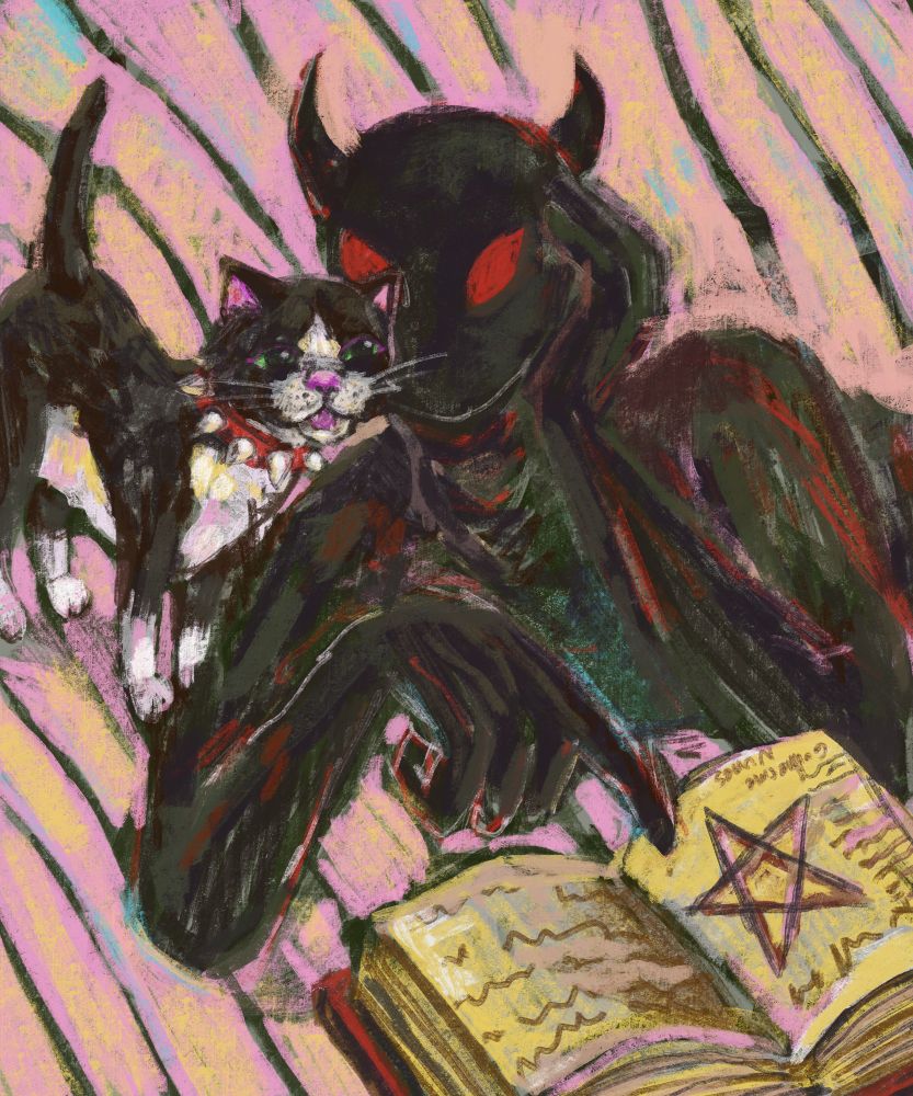 Painting of a demon made of shadows reading a book with an inverted pentagram for a tuxedo cat