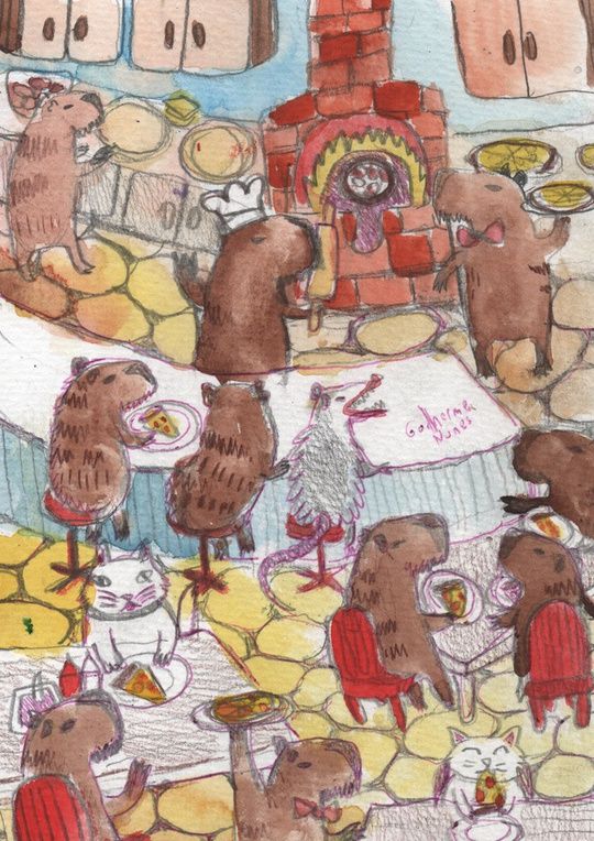 painting of a pizzeria full of capybaras, two cats and a possum