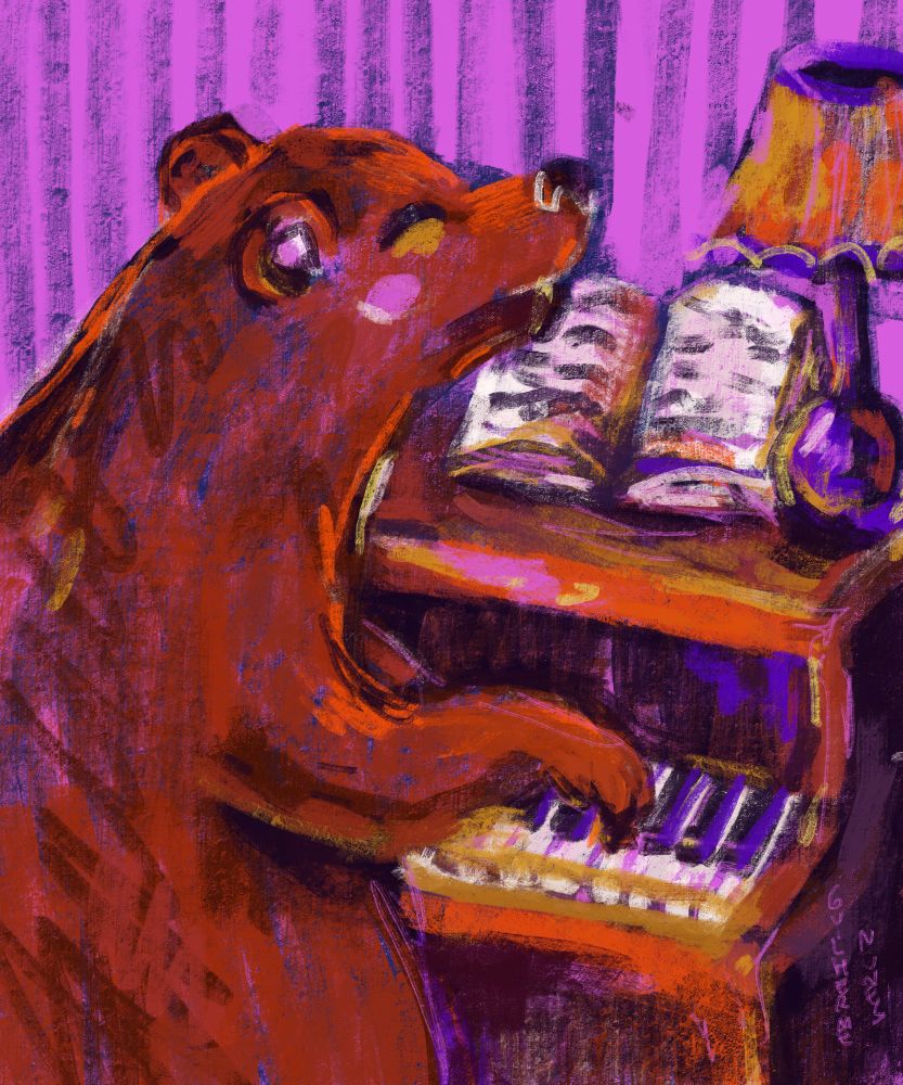 painting of a bear playing the piano