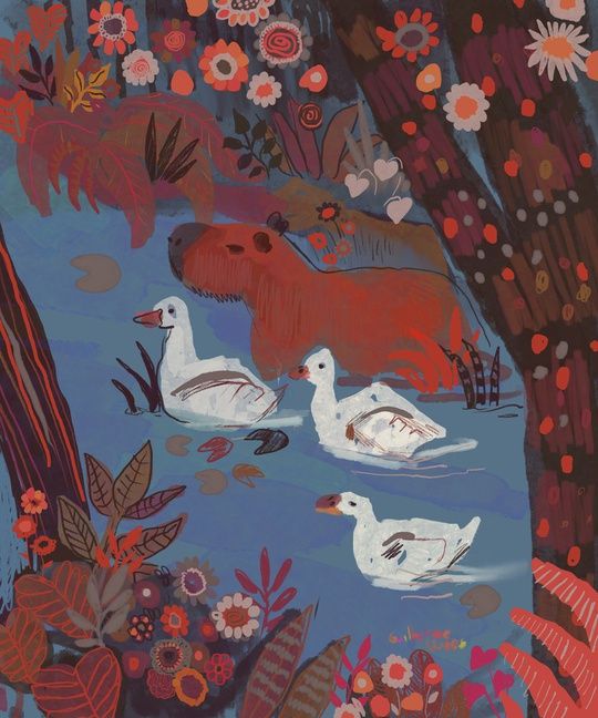 painting of a capybara and three ducks in a river, the shore is very floral