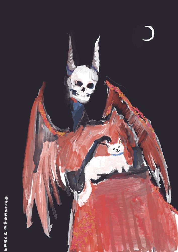 painting of a horned skeleton with dragon wings holding a little cute white cat