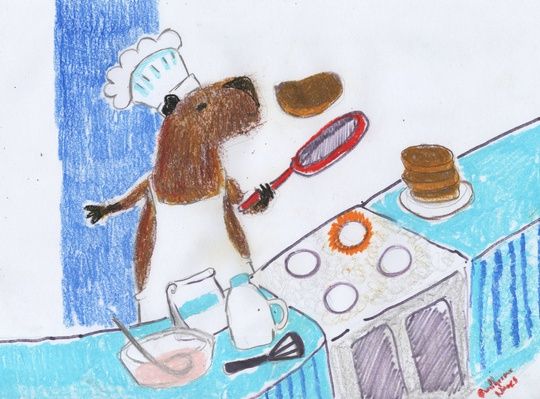 painting of a capybara with a chef's hat making pancakes