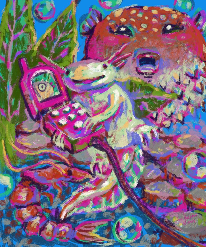 painting of an axolotl talking on a video call on a giant pink cellphone with a fish, behind it there is a pufferfish and in front a shrimp