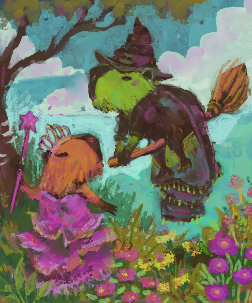  painting, two capybaras in a flowery field, one wearing a pink dress and crown and holding a wand, and the other green and flying on a broomstick wearing heavy black clothing and a pointed witch's hat