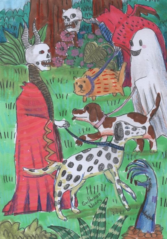 painting: in a park two skeleton demons and a ghost walk their dogs, a zombie hand comes out of the ground 
