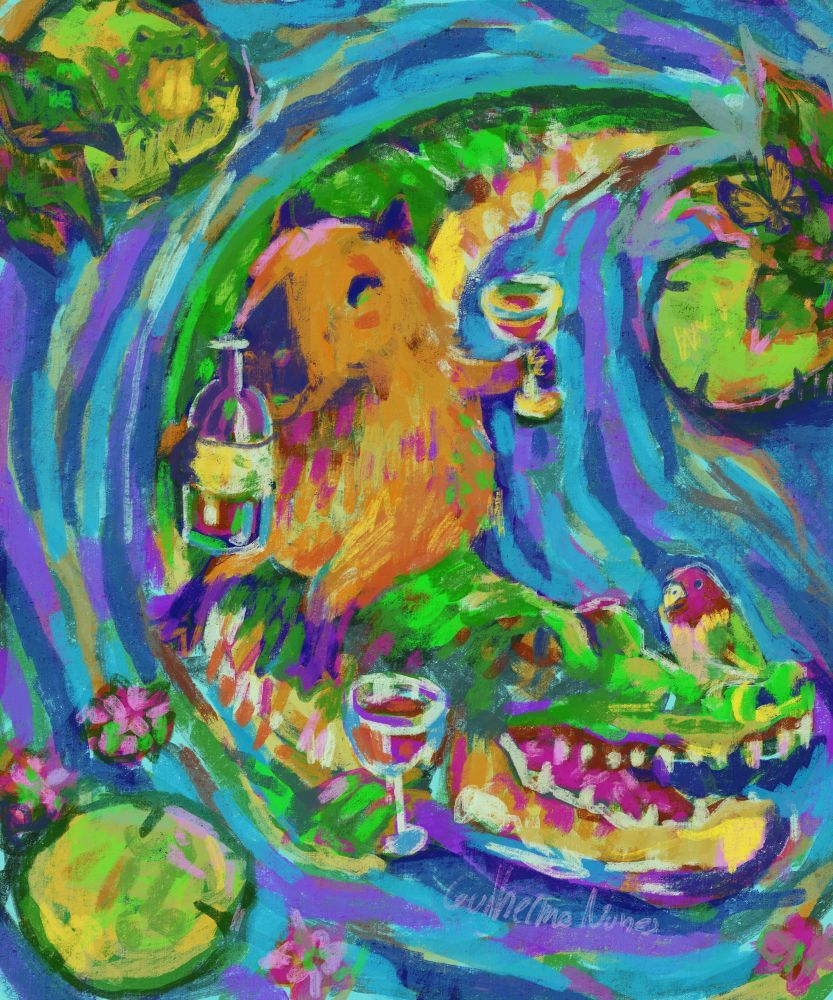 painting of an alligator with a lovebird on its head and a capybara on its back in the river drinking wine