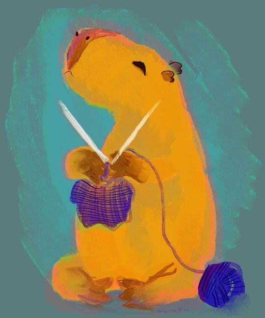 painting of a capybara knitting