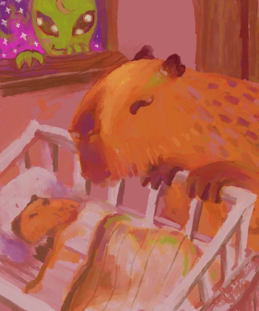 painting of a happy capybara looking at a baby in a crib, and in the window there is an alien looking happy too