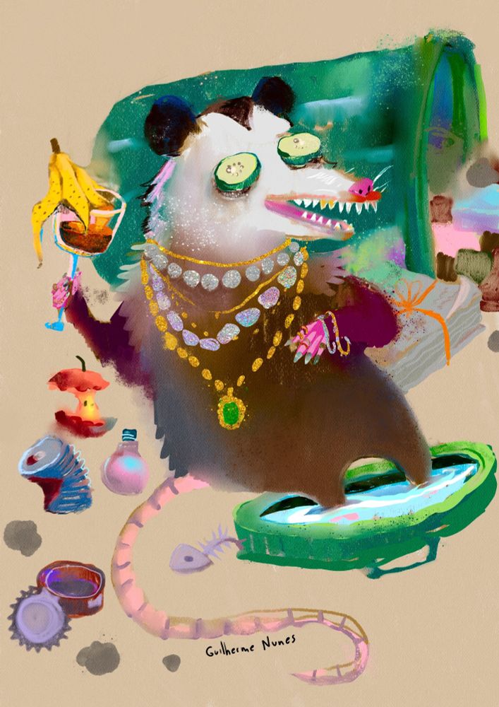 a painting of a possum with several gold chains in a dump doing a foot bath, with a cucumber in his eyes having a drink