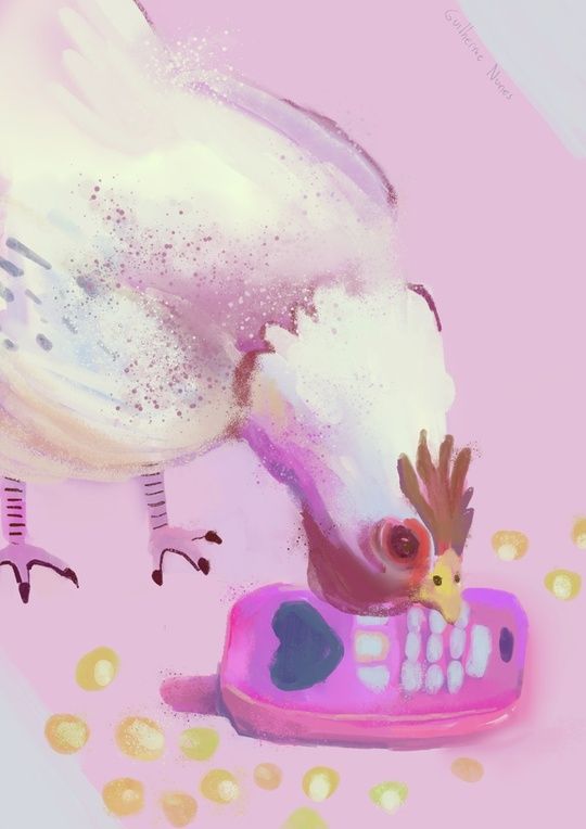 painting of a chicken scratching in the corn, but in the middle of the corn there's an old pink cell phone 