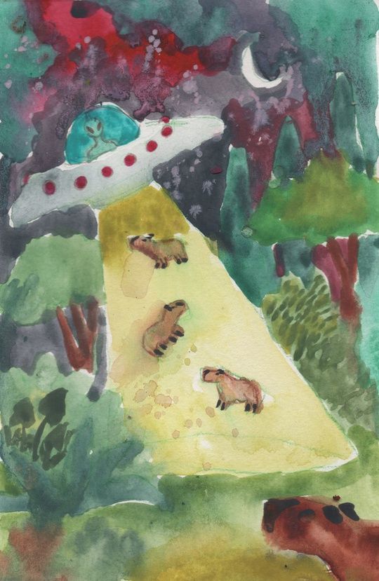 painting of a ufo firing a beam to abduct capybaras in the forest
