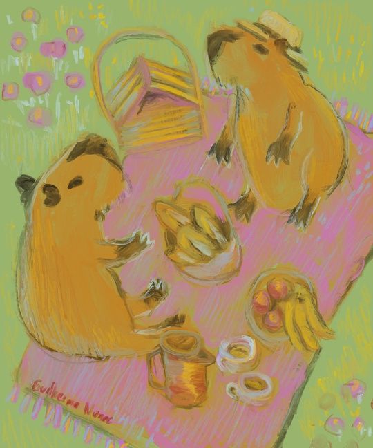 painting of two capybaras having a picnic, one of them wearing a hat. in the picnic basket there was bread and fruit as well as a bottle of tea