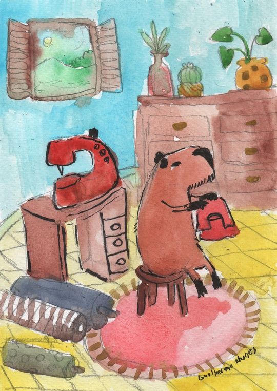 painting of a capybara seamstress sitting in front of a sewing machine holding a T-shirt she has made, on the floor there is fabric and in the background there is a small cupboard with potted plants on top and a window overlooking a sunny green field
