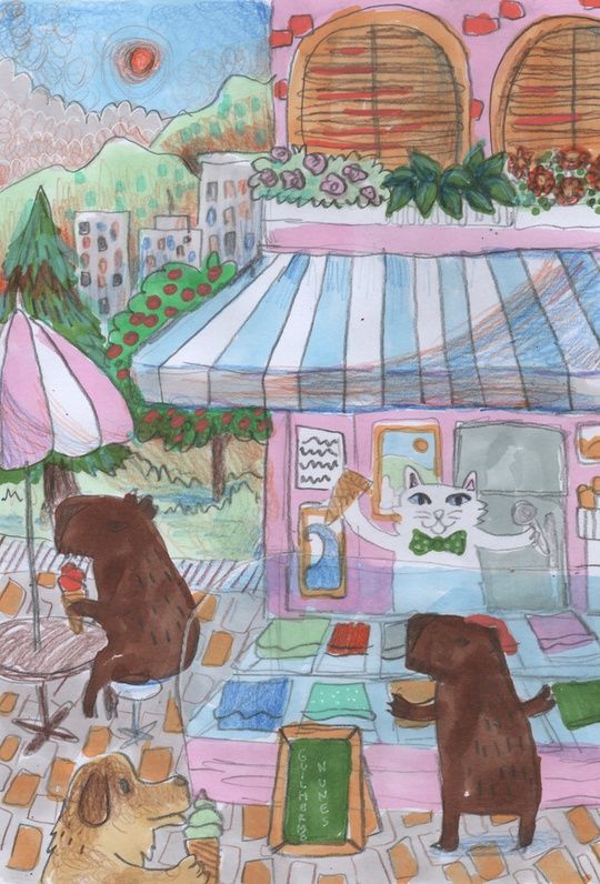 painting of a cat selling ice cream in a tent in the square capybaras and a dog enjoy the ice cream
