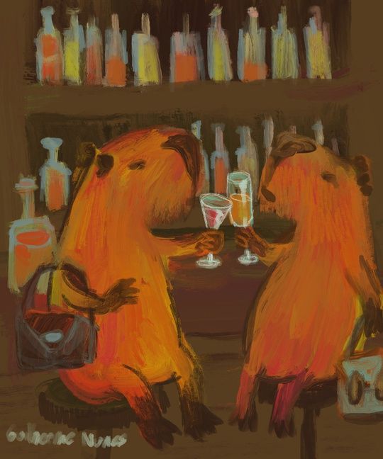 painting of two chic capybaras toasting in a bar wearing luxury handbags