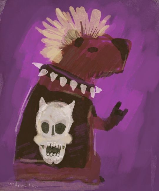  painting of a capybara with a blonde mohawk, skull t-shirt and spiked necklace