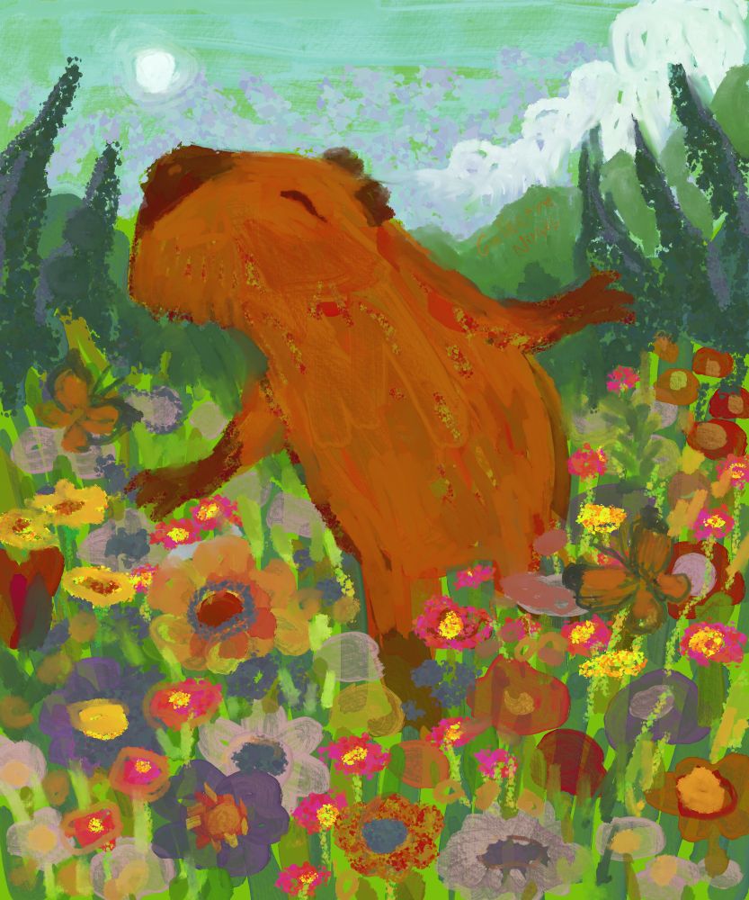painting of a capybara running in a flowering field