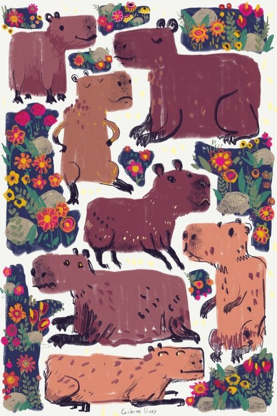 painting of various capybaras in organic shapes with rocks and flowers as well 