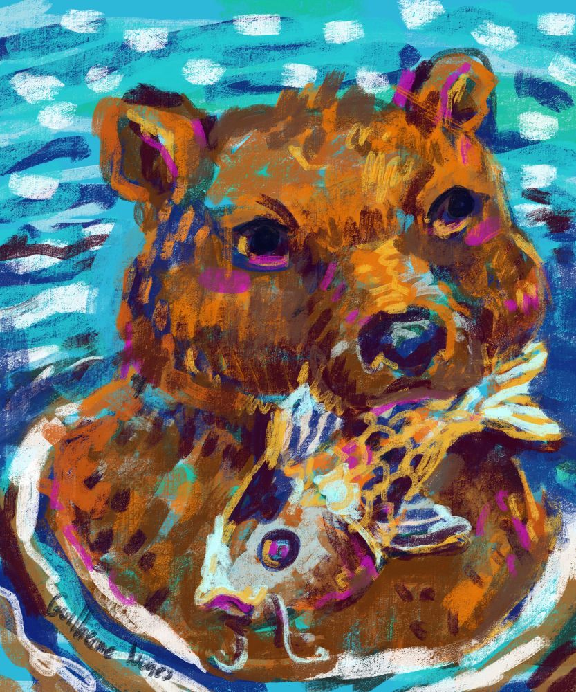 painting of a bear in the river and its delicious koi fish in its mouth