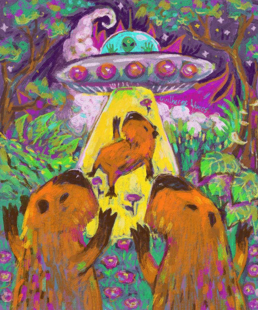 Painting, in a forest at night in a field of flowers a capybara is abducted by an alien ship while two other capybaras celebrate.