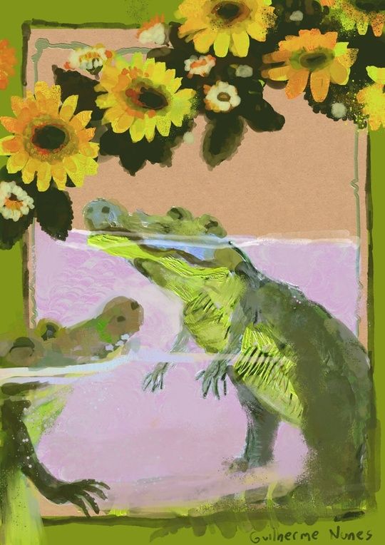 painting of alligators on a river next to a sunflower field