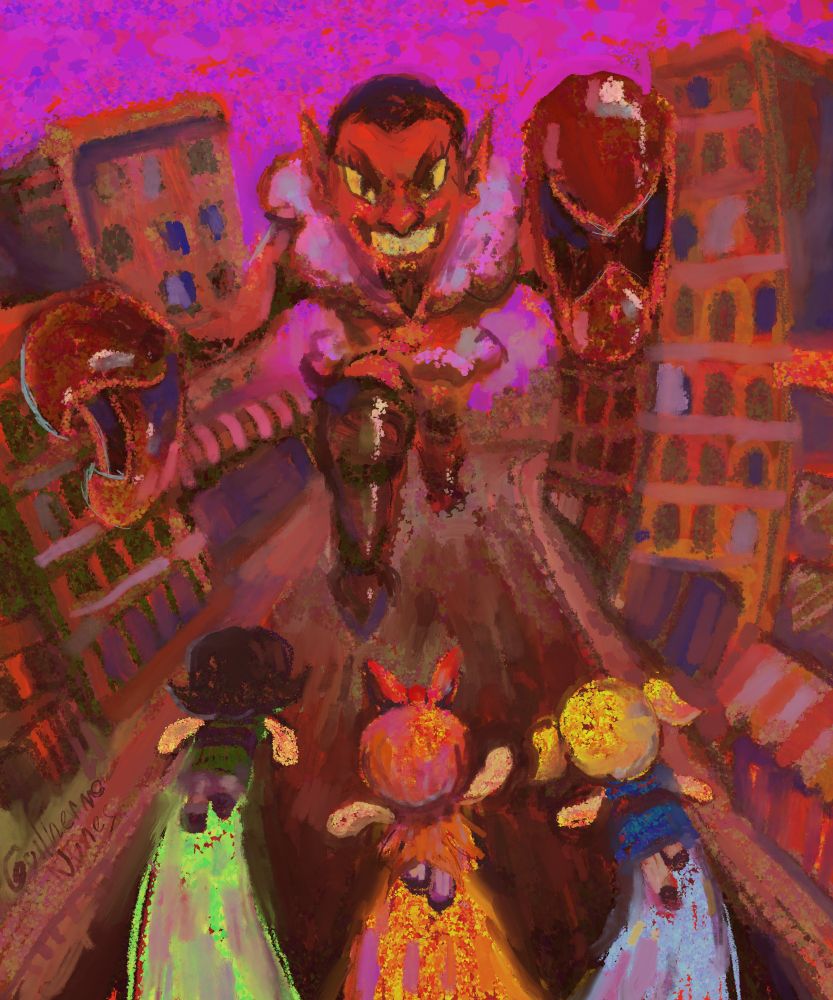  painting, the villain of the superpowered girls, who is a very effeminate and caricatured demon, appears as a giant monster in the middle of the city, and the three superpowered girls are flying towards him.