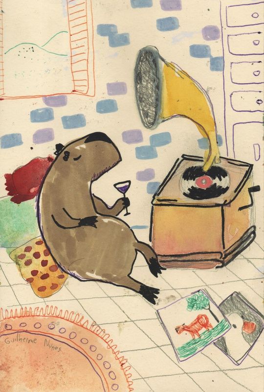 capybara listening to music coming out of a record player holding a glass of wine