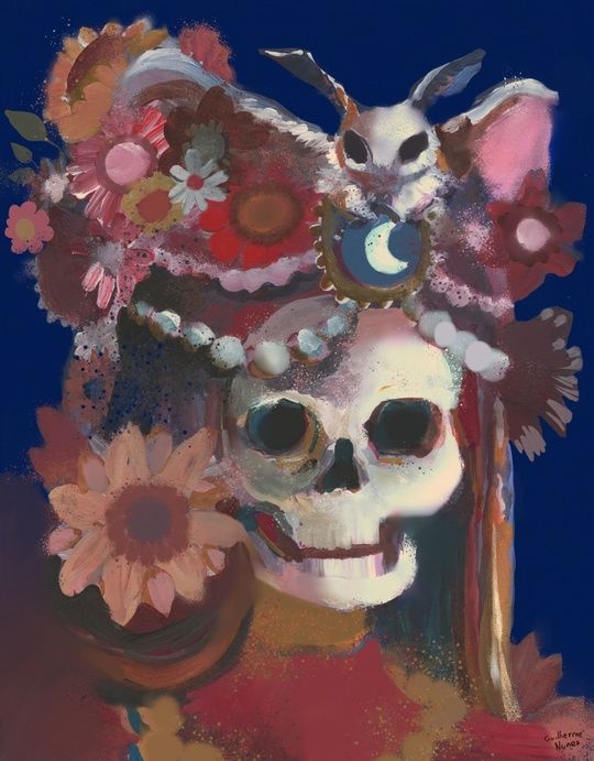 painting of a hairy skeleton wearing a diadem decorated with a moon, flowers and a moth