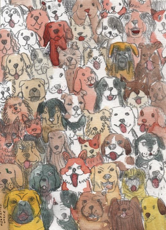 painting with a lot of dogs in watercolor