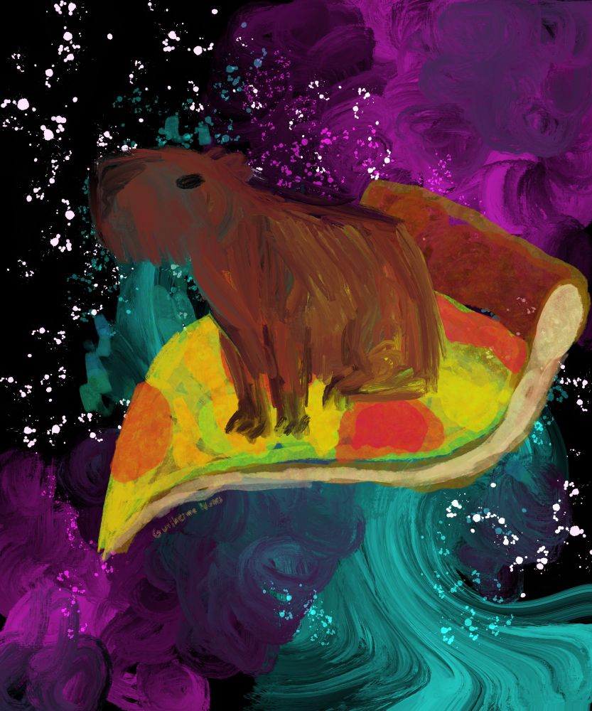 painting of a capybara on a top of a giant slice of pizza flying in the galaxy