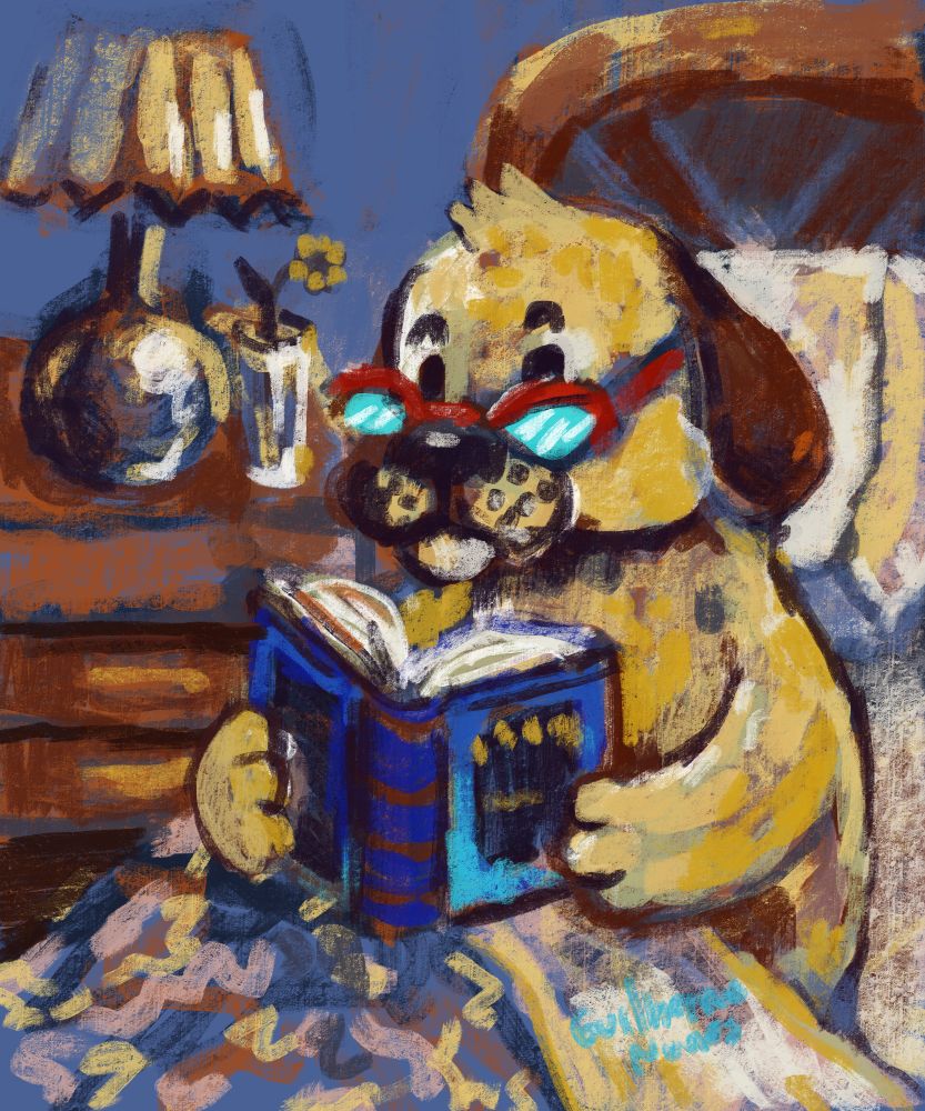 painting of a dog lying on the bed reading a book with red glasses