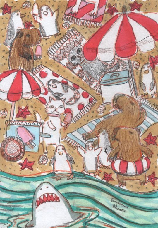 super chaotic painting, capybaras; cats and penguins enjoy a day at the beach, a cat sells popsicles at a stall and a shark shows its smile in the water
