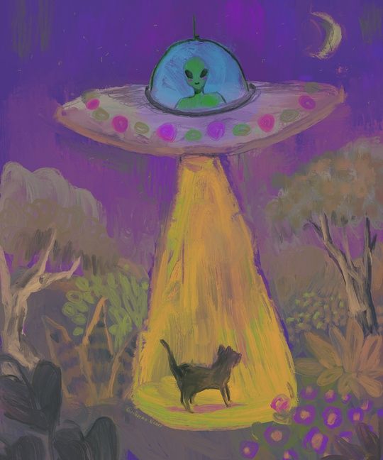 painting of a cat in the forest being abducted into a spaceship with a happy alien inside