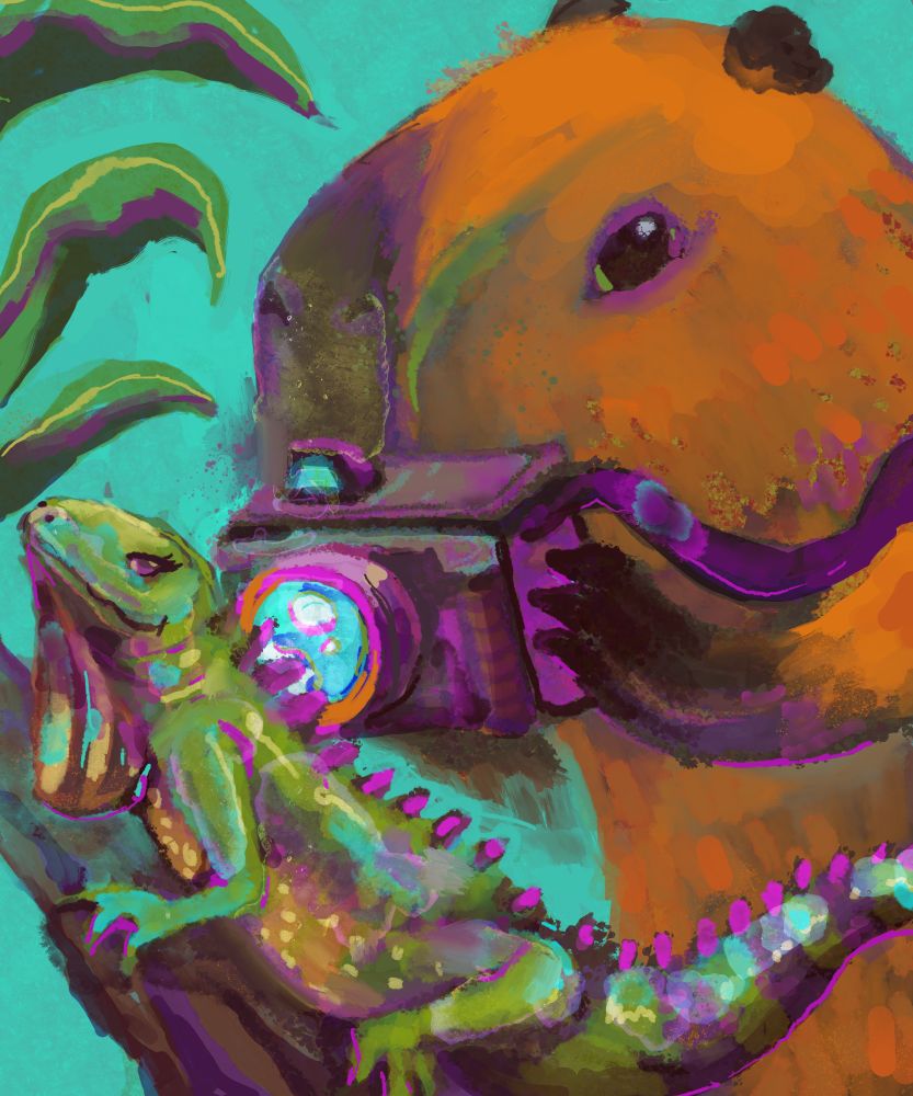 painting of a capybara taking a photo of an iguana in a tree with a pink camera