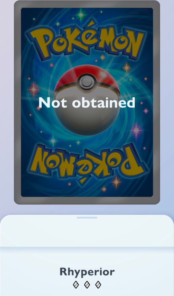 Pokemon TCG Pocket screen of an for the Rhyperior card. Text reads Not obtained. Rhyperior.