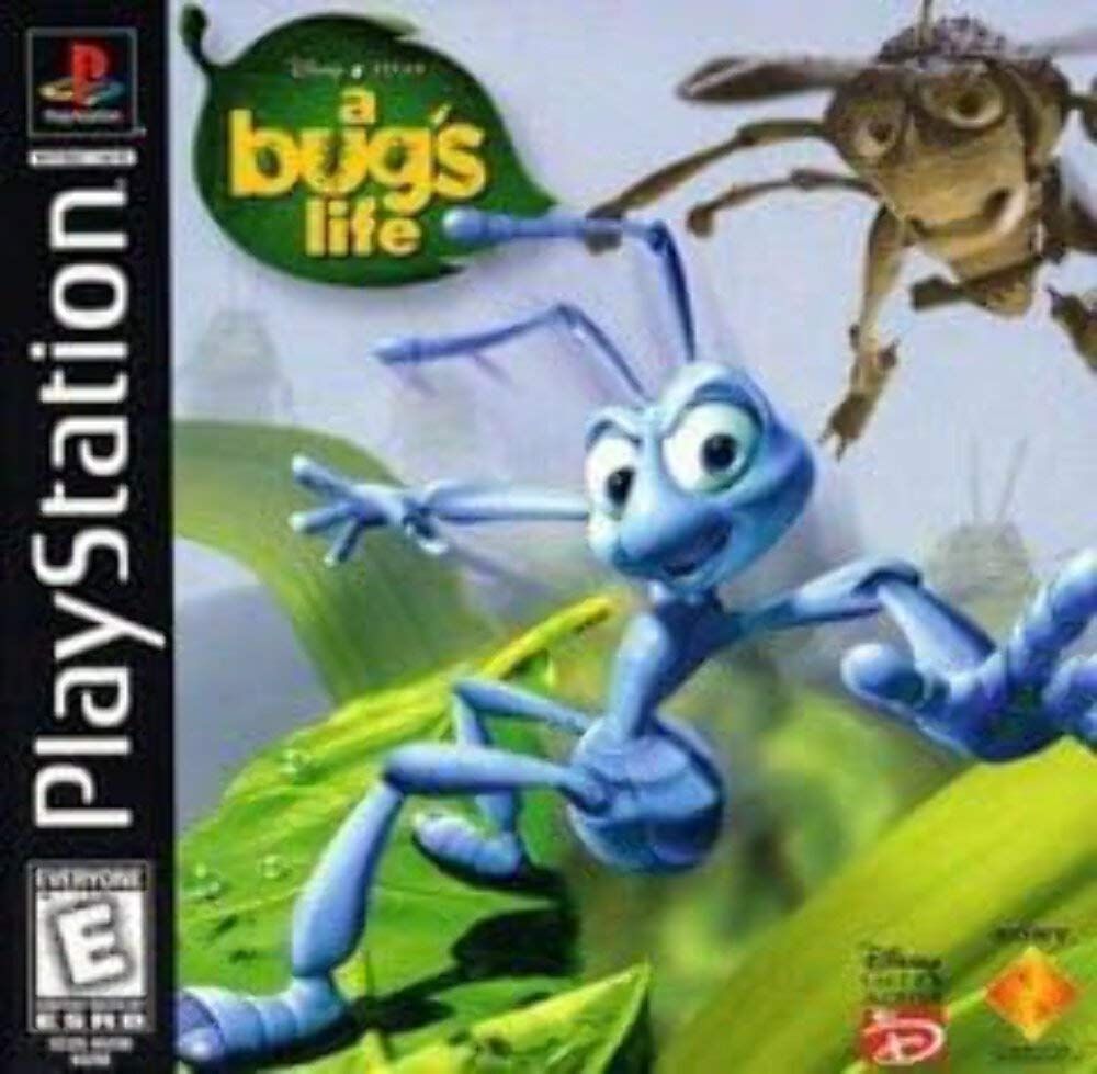 Cover art for A Bug's Life video game for the Playstation 1. A blue anthropomorphic ant surfs on a leaf escaping an anthropomorphic flying grasshopper