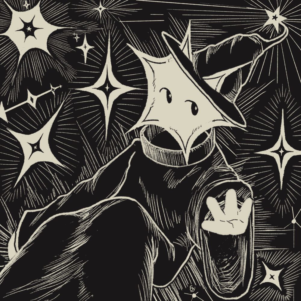 A magician with a star shaped head reaches to the left of them with their palm, looking in the same direction. The background is filled with stars and shining lines